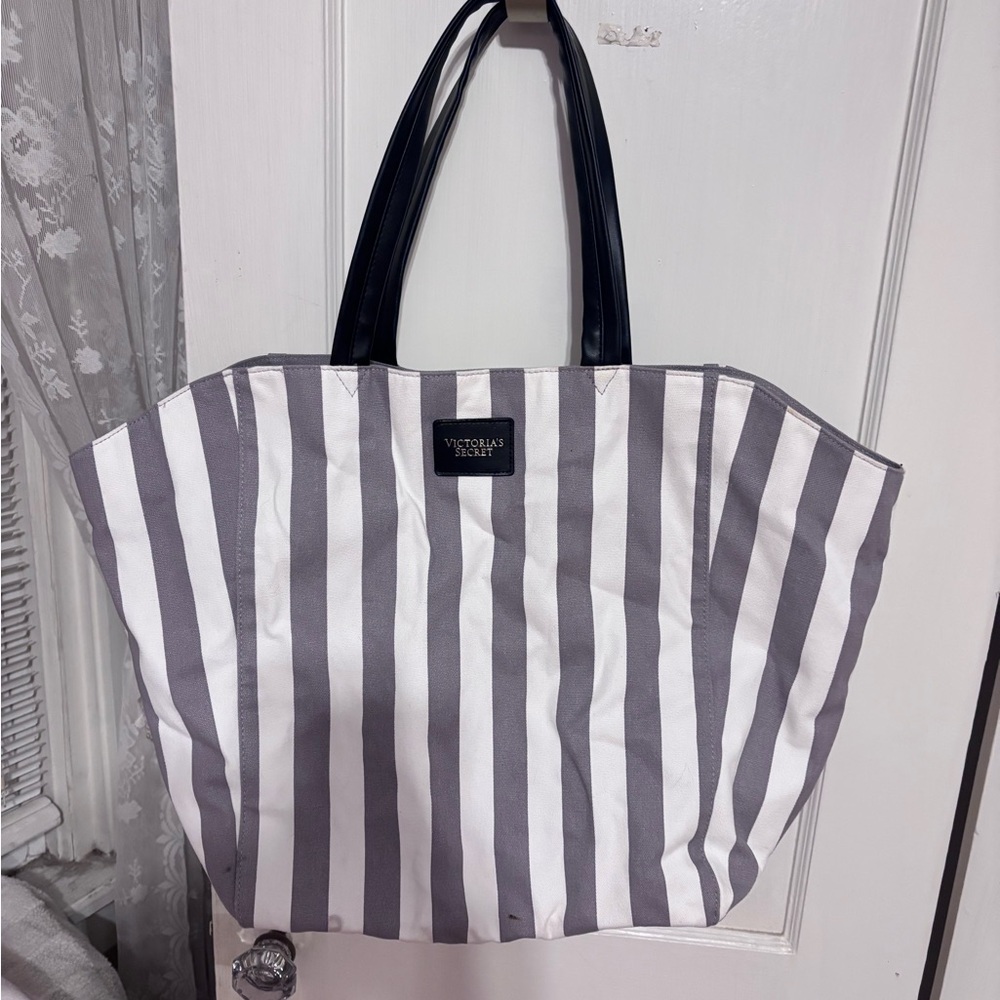 Victoria's Secret Black Handle Grey Striped Tote